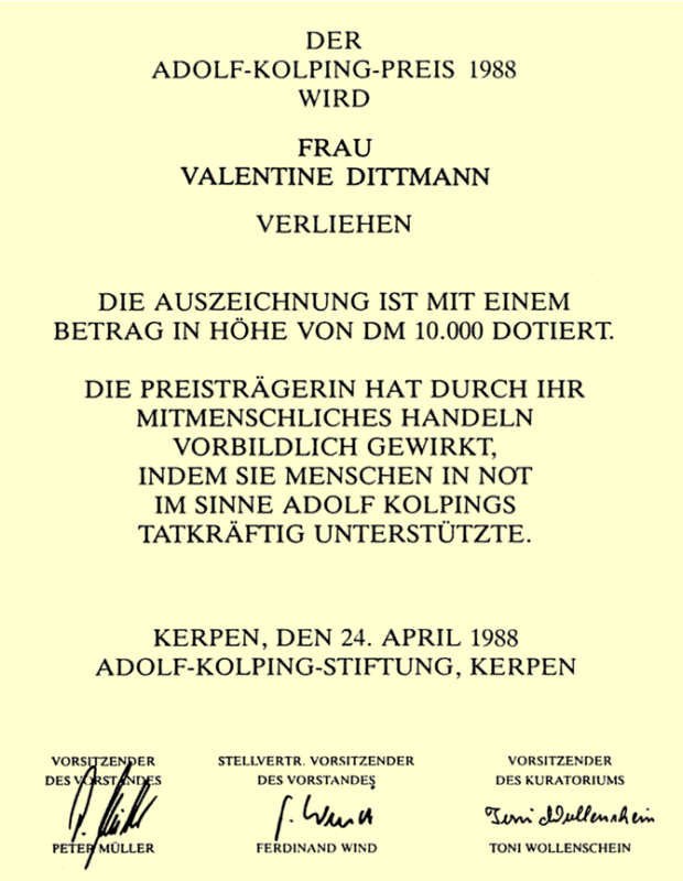 Kolpingpreisurkunde 1988: Valentine Dittmann